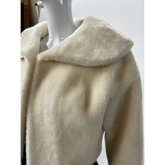 Vintage Neiman Marcus Womens Open Front Jacket Ivory Borgana Faux Fur Collar M - Picture 4 of 12